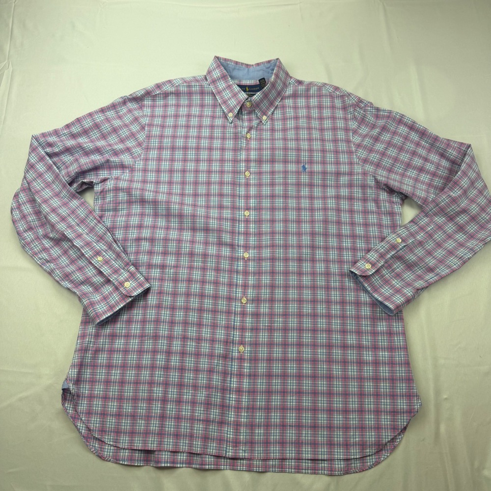 Ralph Lauren Button Down Shirt Mens XXL Pink Plaid Slim Fit Cotton Stretch